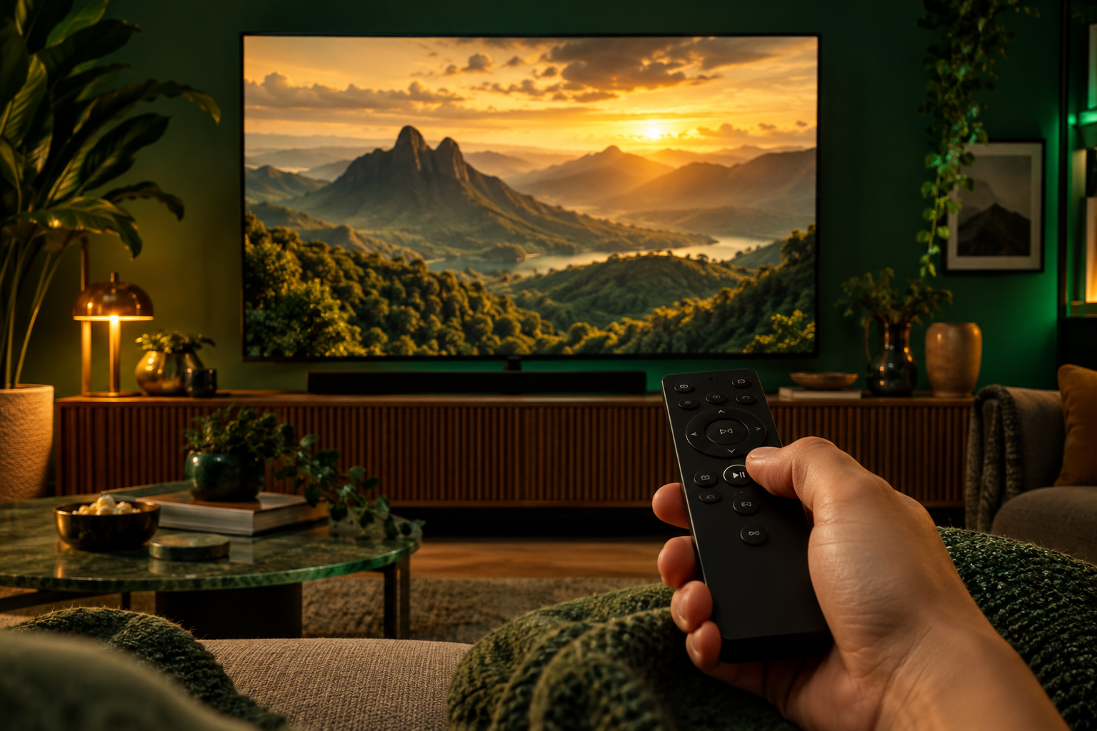 Uma mão no controle remoto, pronta para dar play na televisão em uma sala aconchegante.